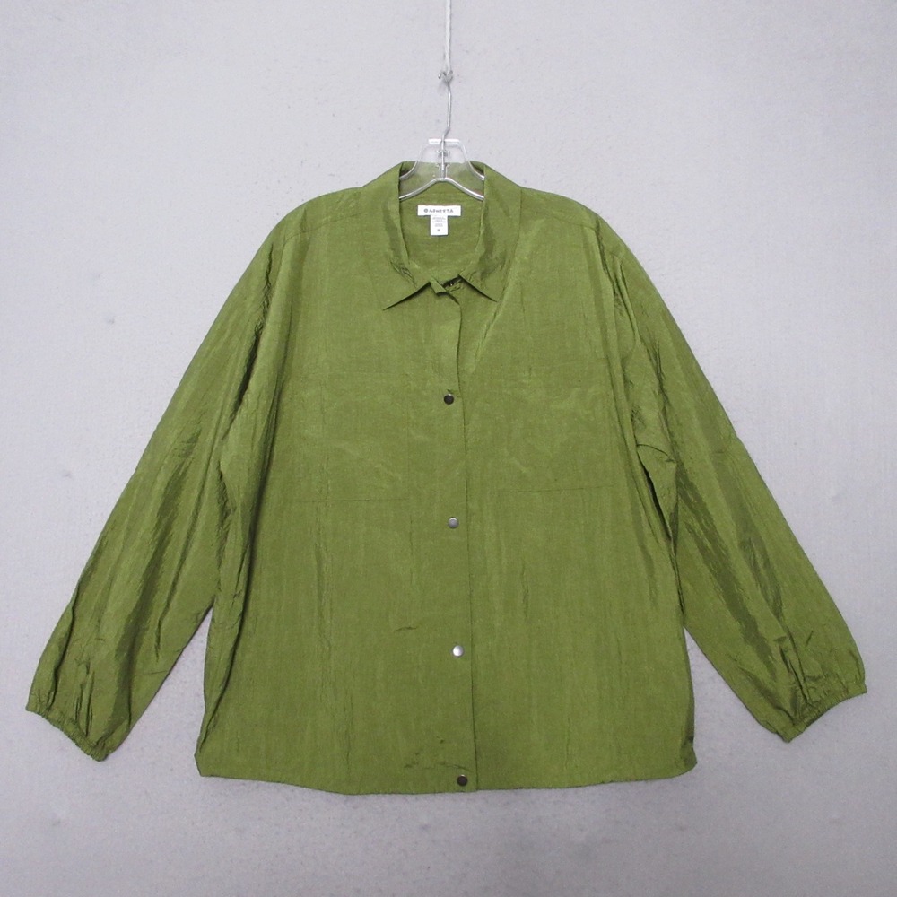 Athleta Top Green Lunar Sheen Snap Front Lightweight Gorpcore Nylon Relaxed Fit